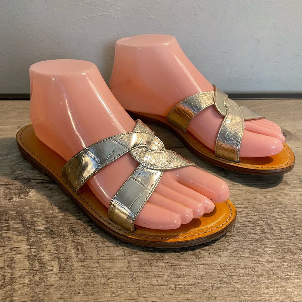 Women's SHUTZ Metallic GOLD Croc Embossed RITA Leather DESIGNER SANDALS 7.5 B